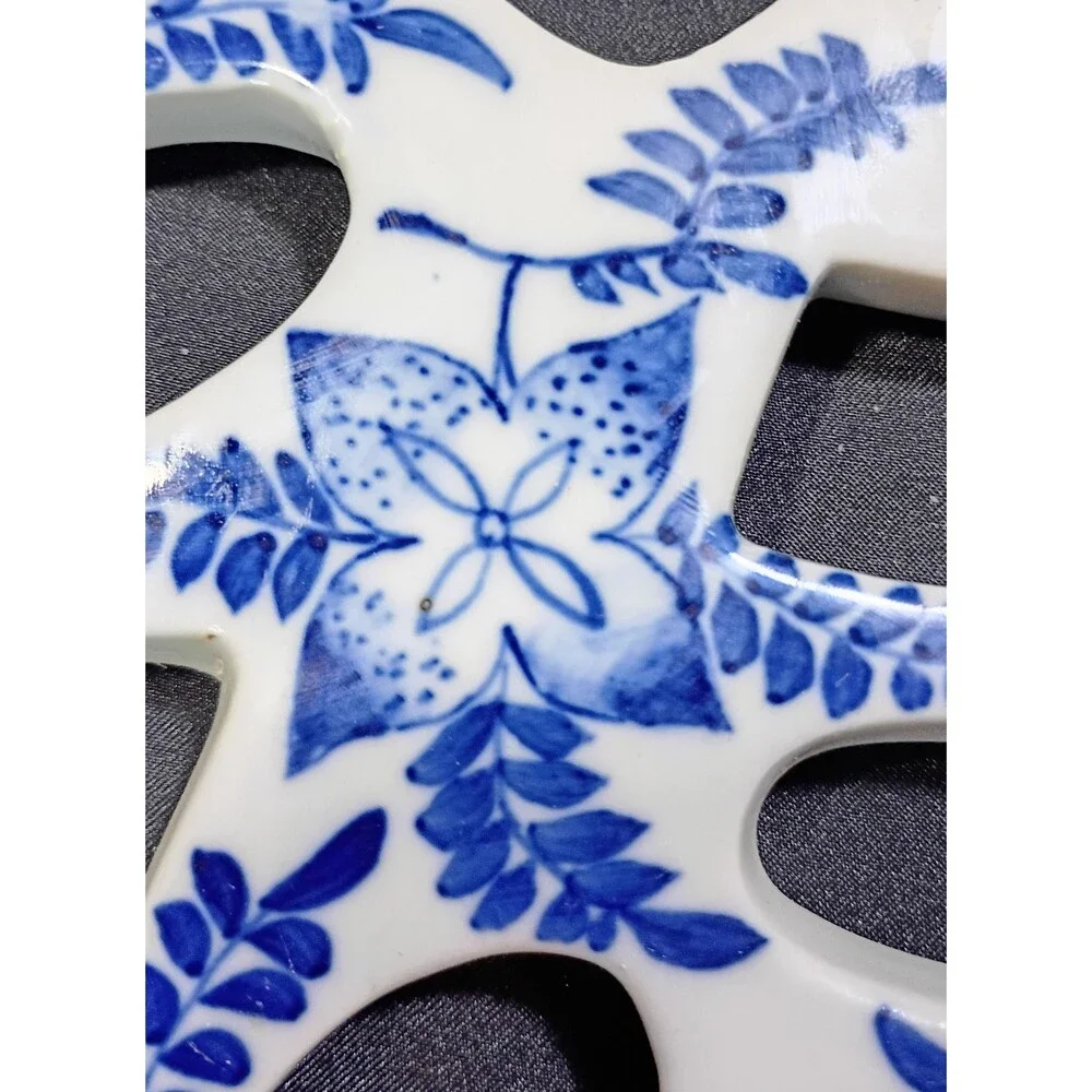 Ceramic Chinese Character Trivet Blue Floral